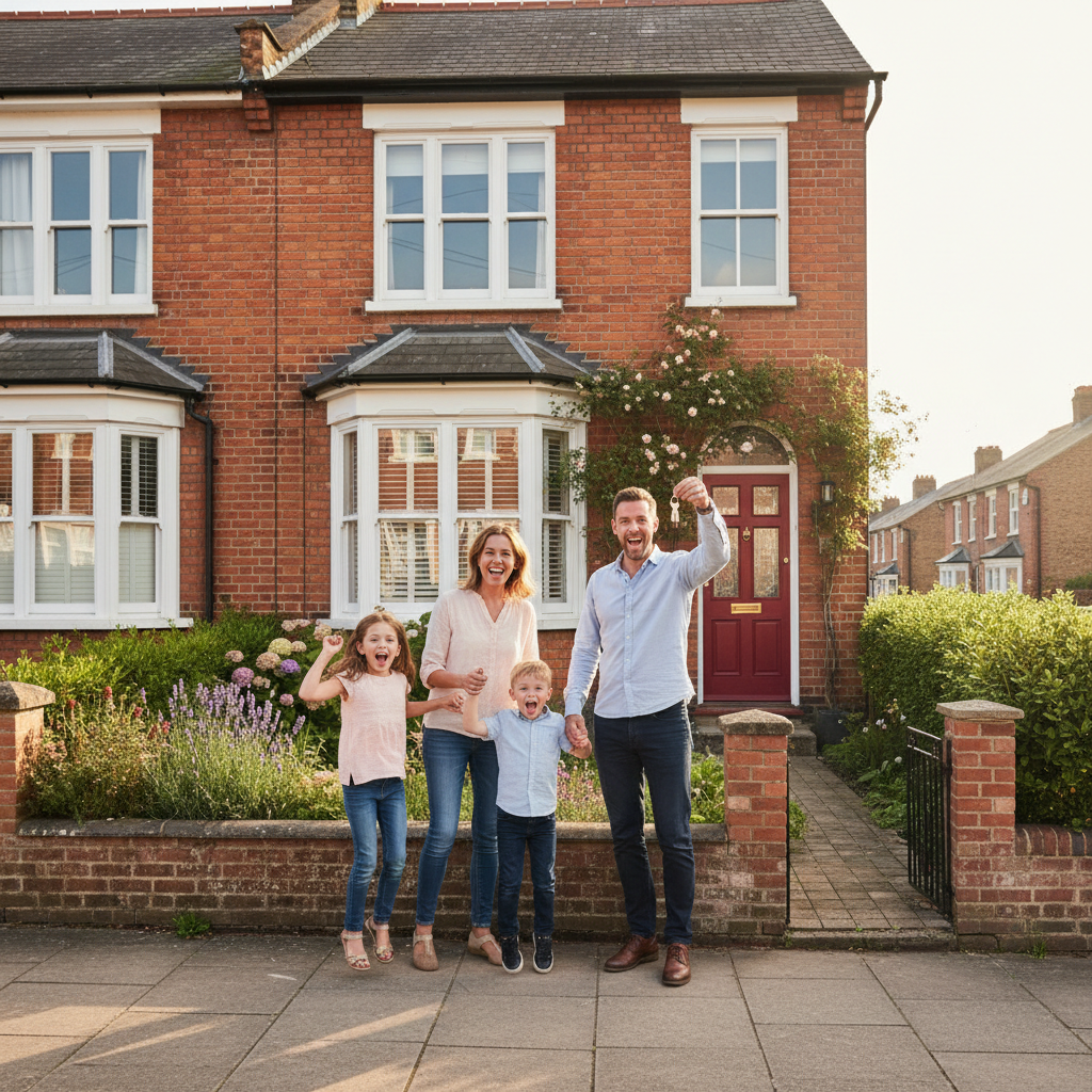 Happy family receiving keys to their new UK home, standing in front of a traditional British red-brick property